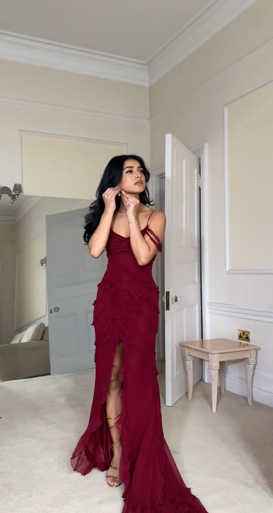 Vestido de fiesta largo de gasa con hombros descubiertos y tirantes finos de sirena, sexy, vestido de noche GG1064