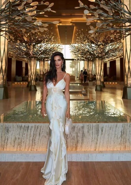 Vestido de fiesta largo de sirena con tirantes finos, satén, flores onduladas y elegante, vestido de noche GG887