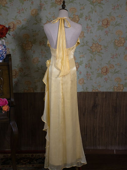 Vestido de fiesta largo de gasa amarilla con cuello halter y elegante corte sirena, vestido de noche GG879