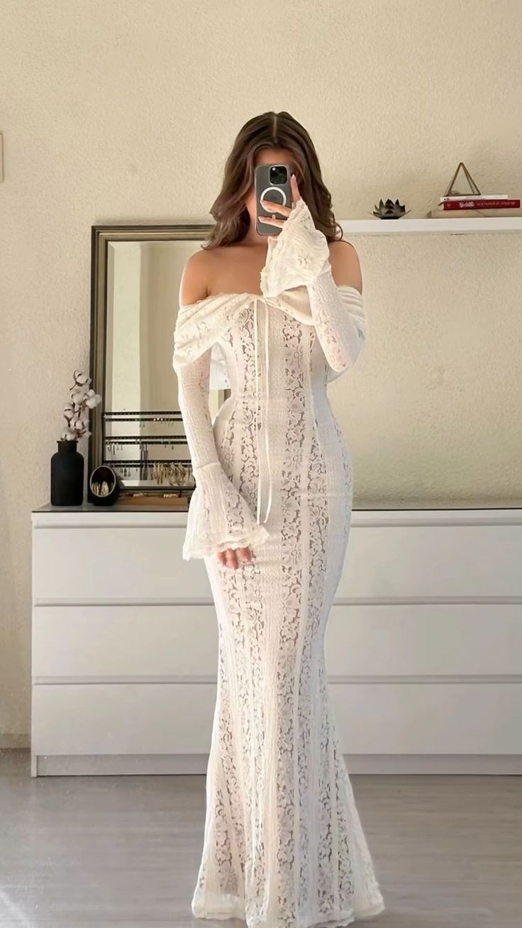 Vestido de fiesta elegante de sirena con hombros descubiertos, encaje y manga larga, vestido de noche GG909