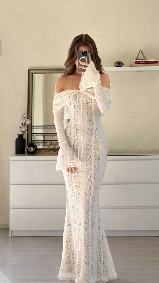 Vestido de fiesta elegante de sirena con hombros descubiertos, encaje y manga larga, vestido de noche GG909