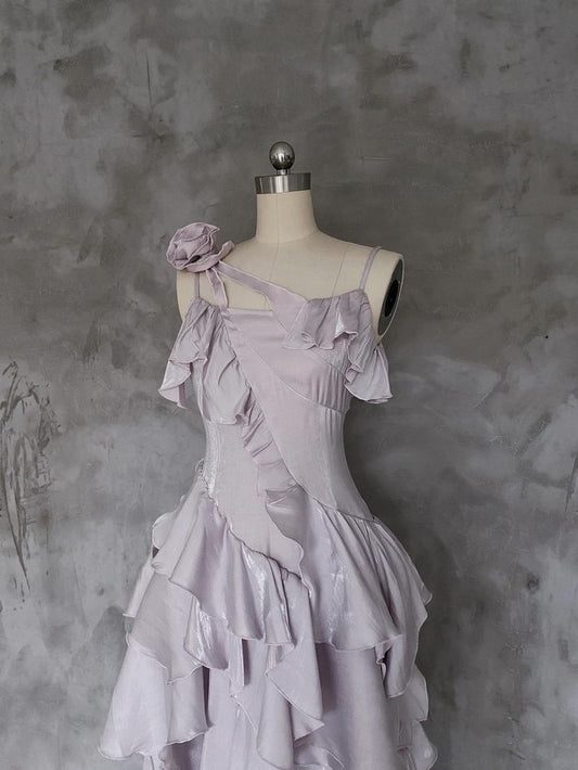 Vestido de fiesta largo de gasa con estampado floral, corte A, tirantes finos, color morado claro, GG915