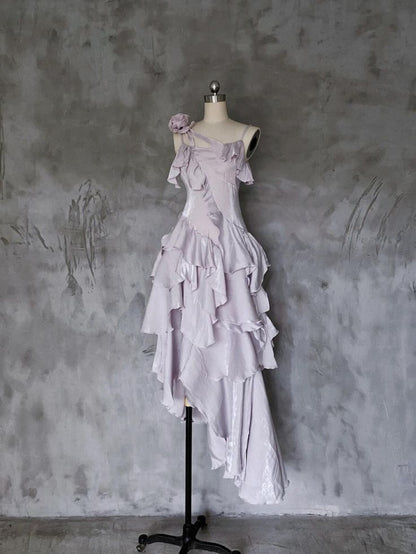Vestido de fiesta largo de gasa con estampado floral, corte A, tirantes finos, color morado claro, GG915
