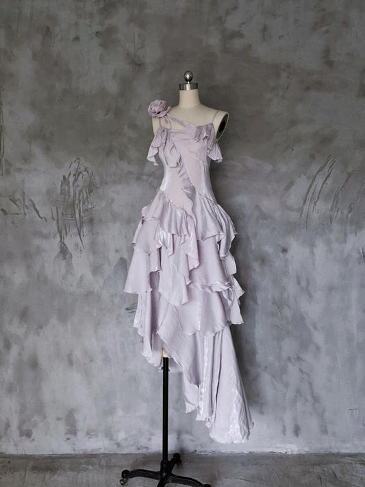 Vestido de fiesta largo de gasa con estampado floral, corte A, tirantes finos, color morado claro, GG915