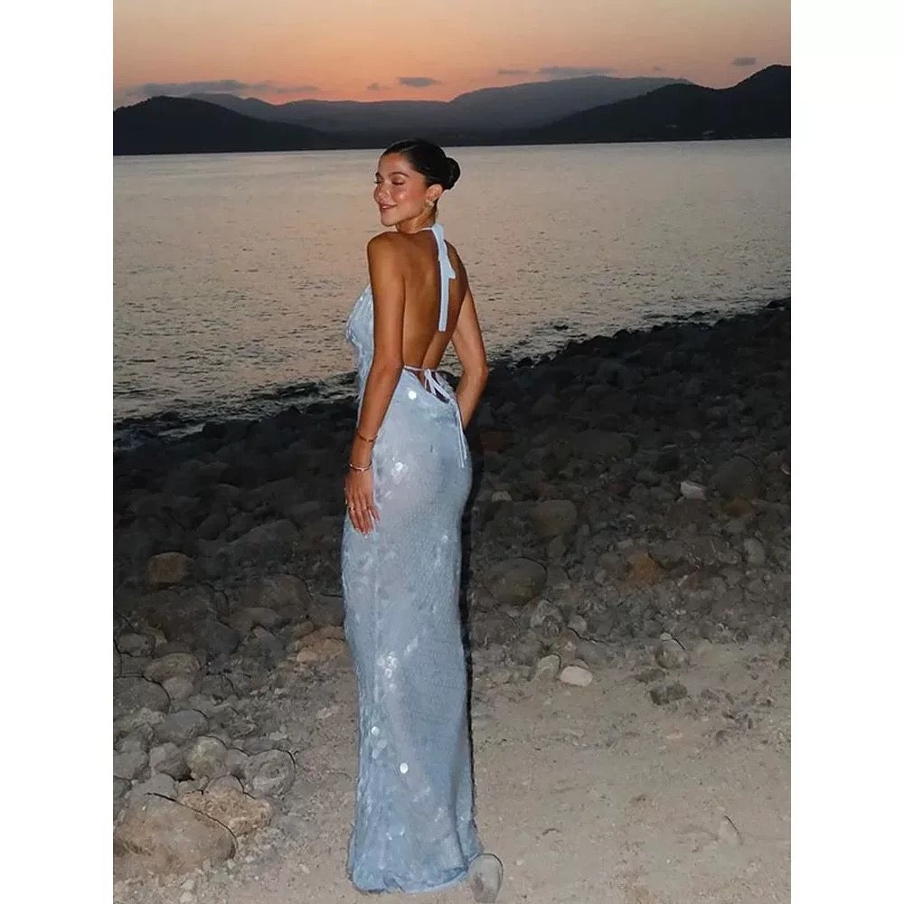 Glitter Mermaid Halter Silver Sequin Long Prom Dress,Evening Dress GG2001