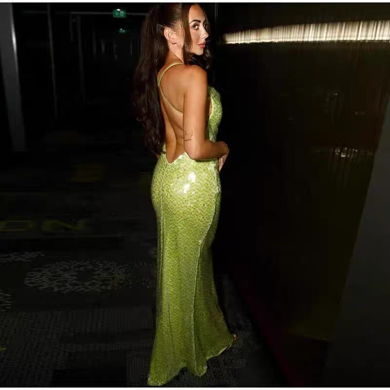 Vestido de fiesta largo de sirena con tirantes finos, lentejuelas y espalda descubierta, vestido de noche GG921