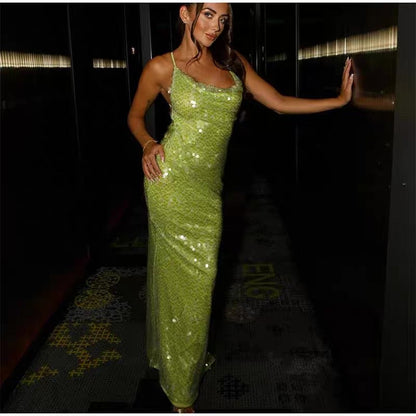 Vestido de fiesta largo de sirena con tirantes finos, lentejuelas y espalda descubierta, vestido de noche GG921