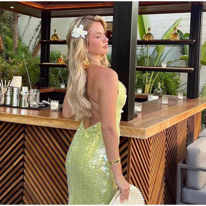 Vestido de fiesta largo de sirena con tirantes finos, lentejuelas y espalda descubierta, vestido de noche GG921
