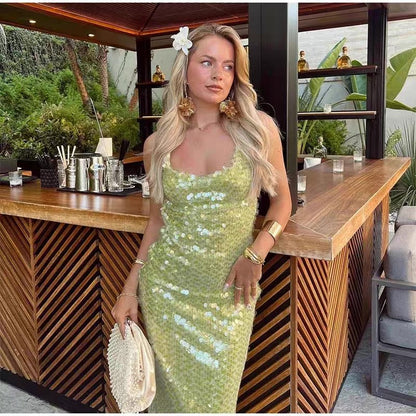 Vestido de fiesta largo de sirena con tirantes finos, lentejuelas y espalda descubierta, vestido de noche GG921