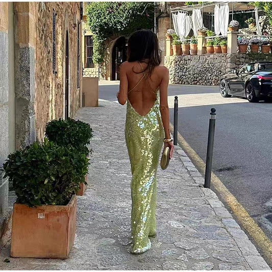 Vestido de fiesta largo de sirena con tirantes finos, lentejuelas y espalda descubierta, vestido de noche GG921