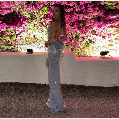 Vestido de fiesta largo de sirena con tirantes finos, lentejuelas y espalda descubierta, vestido de noche GG921