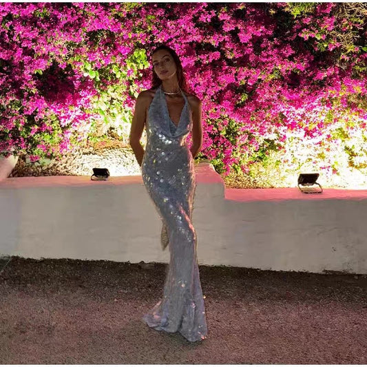 Vestido de fiesta largo de sirena con tirantes finos, lentejuelas y espalda descubierta, vestido de noche GG921