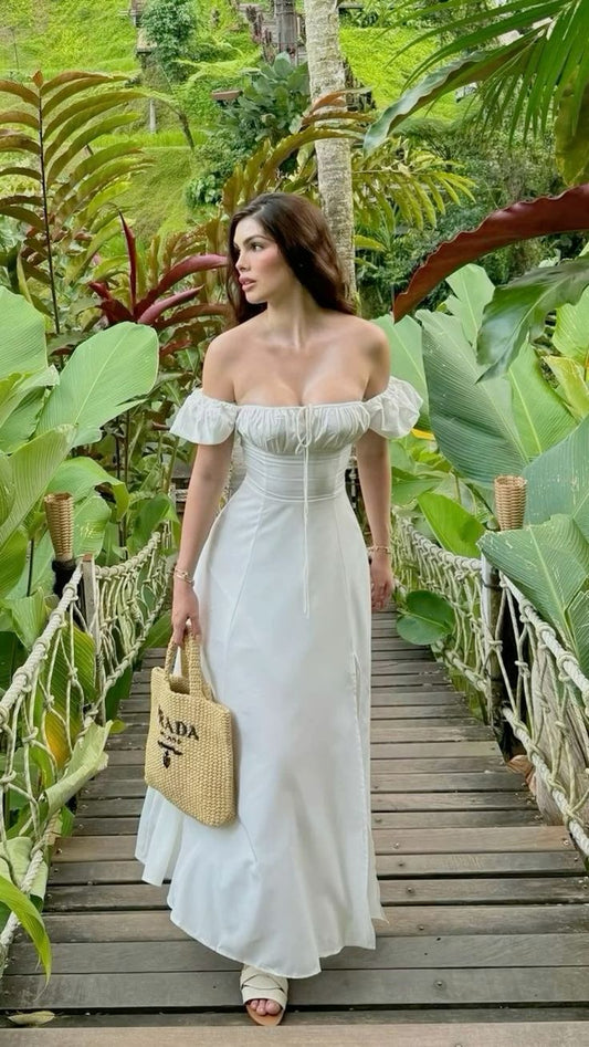 Elegante vestido de fiesta largo de gasa blanca con hombros descubiertos, corte en A, vestido de noche GG925