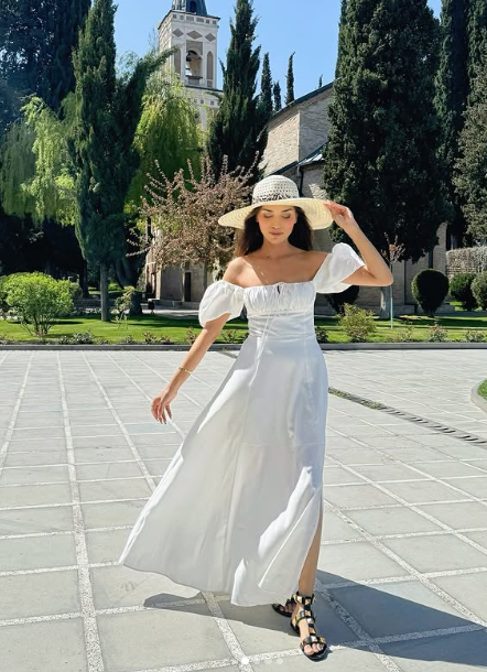 Elegante vestido de fiesta largo de gasa blanca con hombros descubiertos, corte en A, vestido de noche GG925