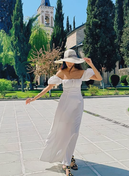 Elegante vestido de fiesta largo de gasa blanca con hombros descubiertos, corte en A, vestido de noche GG925