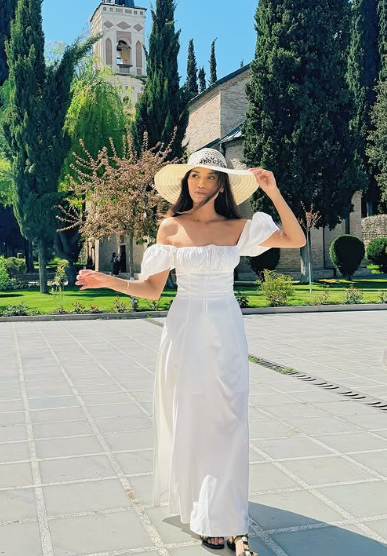 Elegante vestido de fiesta largo de gasa blanca con hombros descubiertos, corte en A, vestido de noche GG925