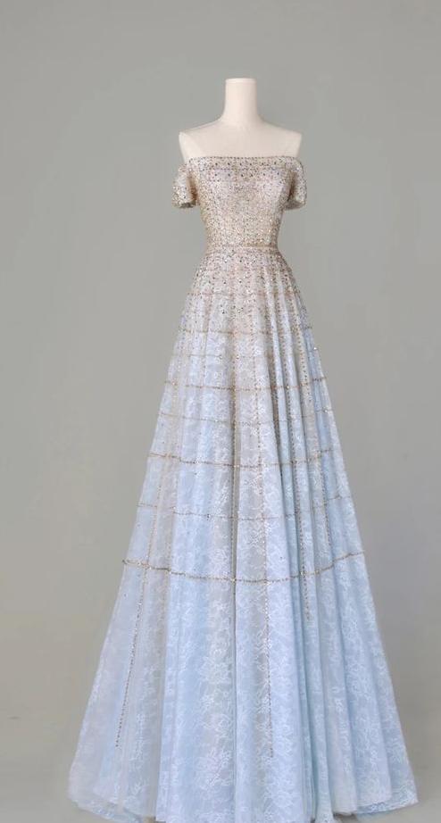 Vestido de fiesta largo de satén con cuentas y hombros descubiertos, corte en A y brillo, vestido de noche GG941