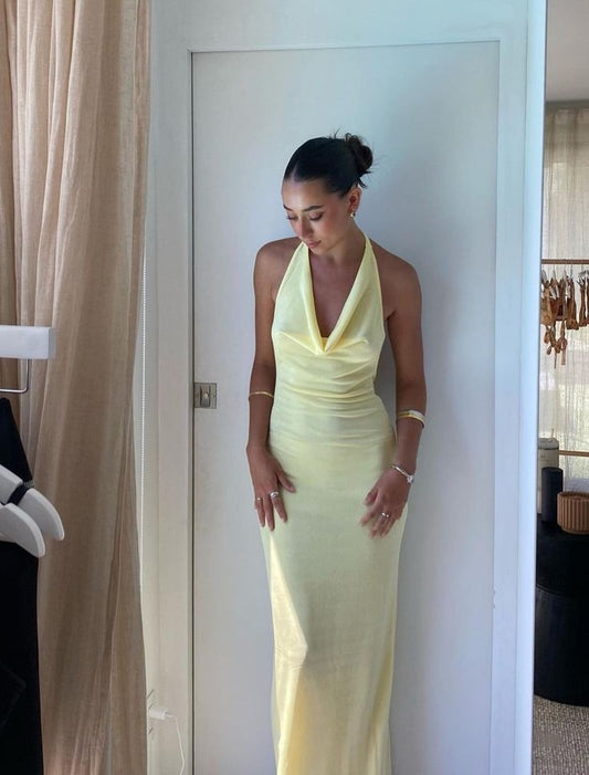 Vestido de fiesta largo de satén amarillo pastel con escote halter y corte sirena, GG945