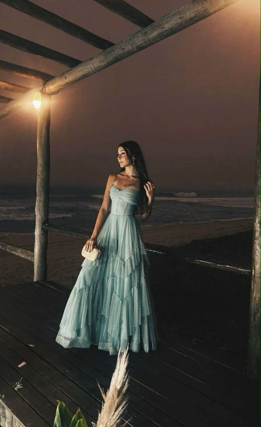 Vestido de fiesta largo de tul verde menta con lentejuelas y tirantes finos, corte A, elegante, vestido de noche GG966