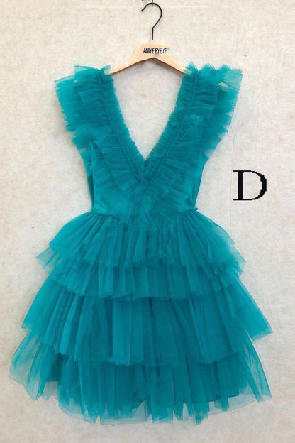 Vestido de fiesta rosa con escote en V y corte A, con capas, de tul, corto