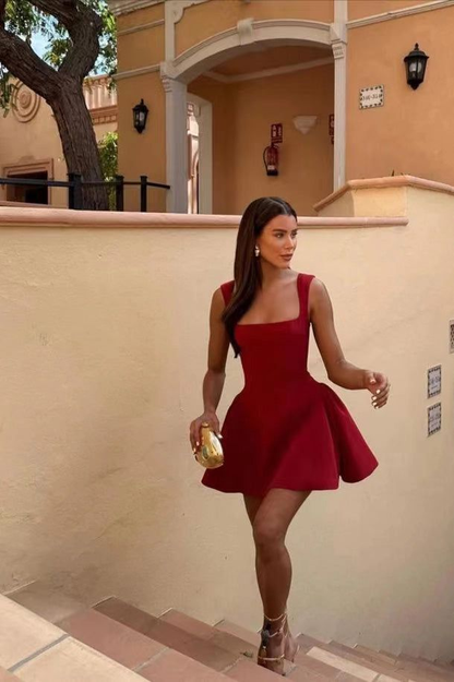 Elegant Burgundy Square Neck Mini Cocktail Dress, A-Line Short Homecoming Dress S739