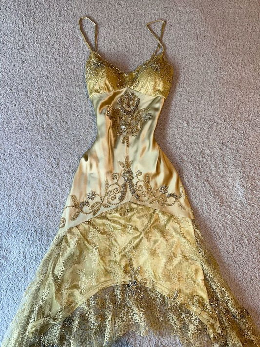 Elegant Gold Spaghetti Straps Satin Lace Beaded Cocktail Dress A Line Homecoming Dress Birthday Outfits S352