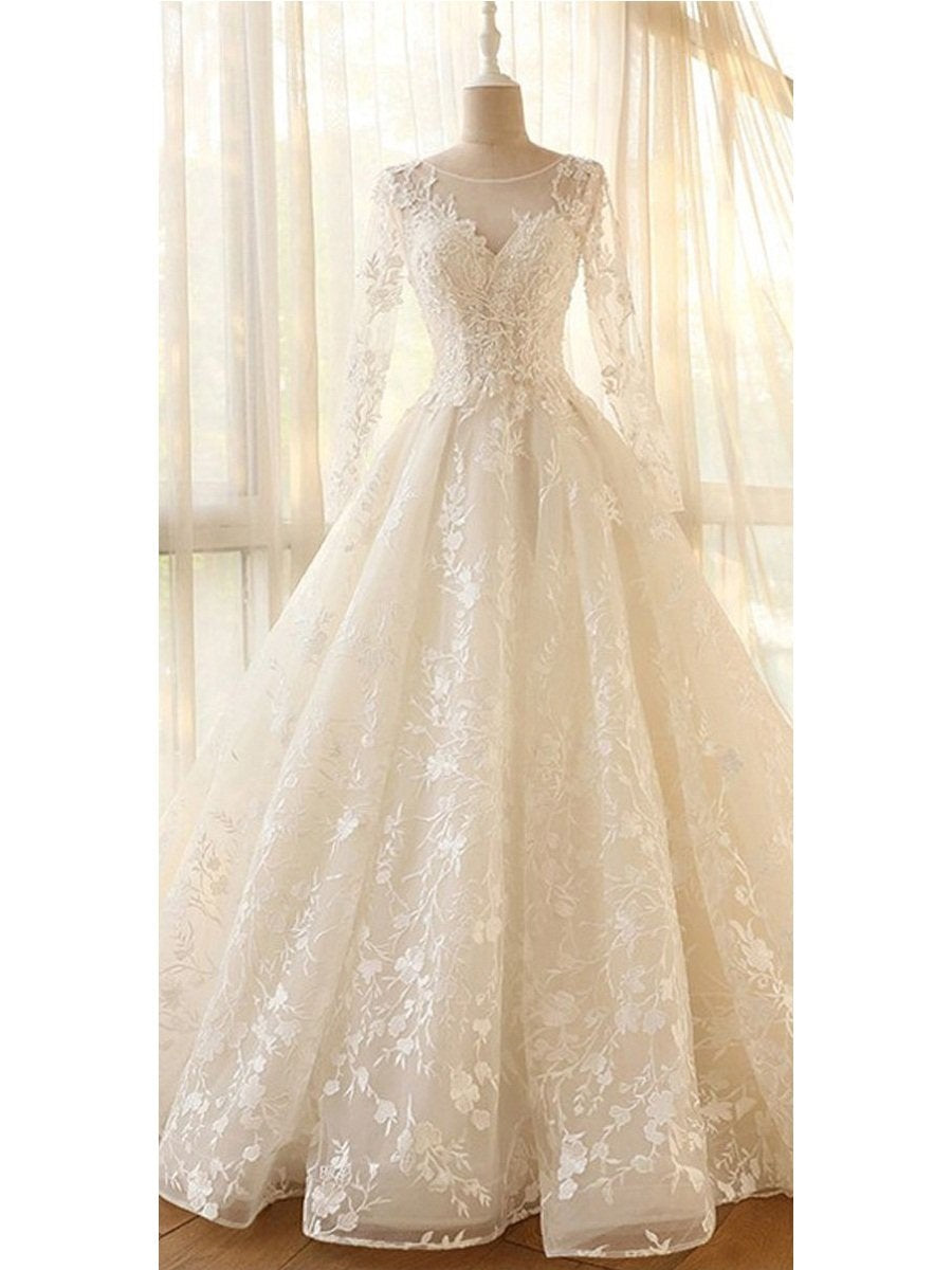 Vestido de novia Glamour con escote joya modesto, manga larga y corte A