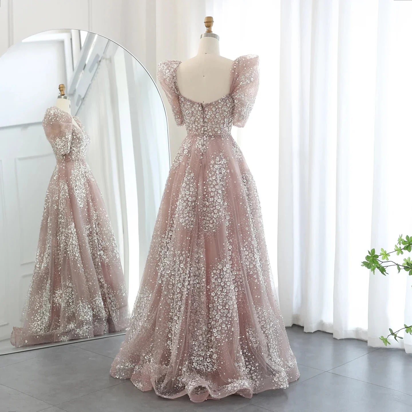 Gorgeous Sparkling Beaded Sequin Short-sleeve A-Line Long Prom Dress Evening Dress TP4557