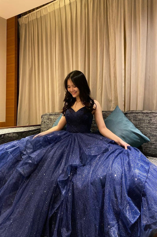 Glitter Dark Blue Ruched Tulle Long Prom Dresses, Shiny Formal Gown GP700