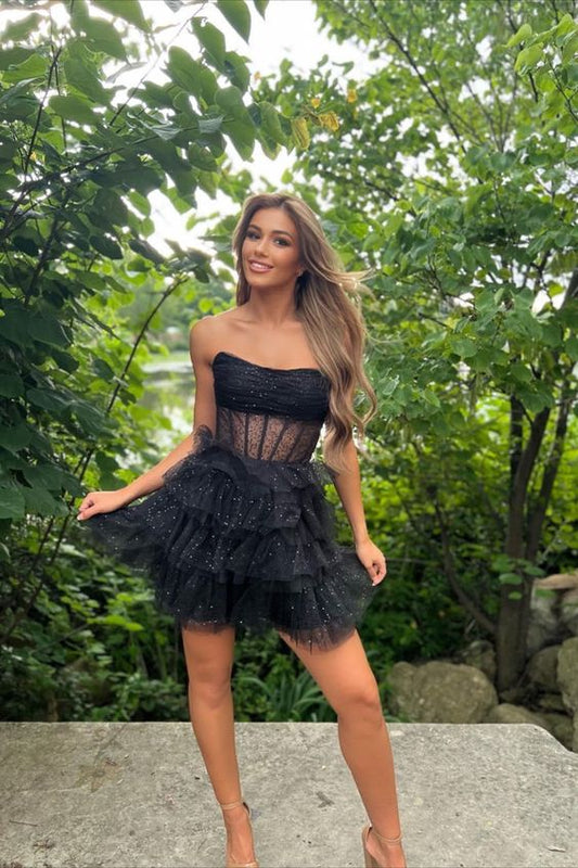 Vestido de fiesta corto de tul con diseño de purpurina negra vintage, sin tirantes, TP3563