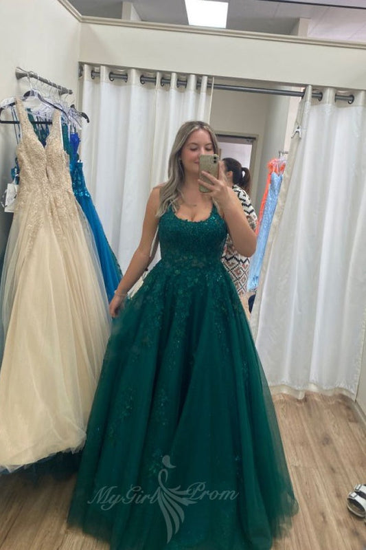 Hunter Green Long Prom Dress A-line Appliques Plus Size Party Gown GP813