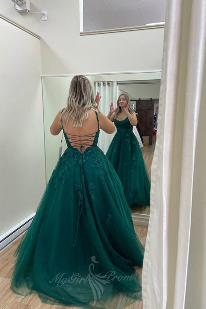 Hunter Green Long Prom Dress A-line Appliques Plus Size Party Gown GP813