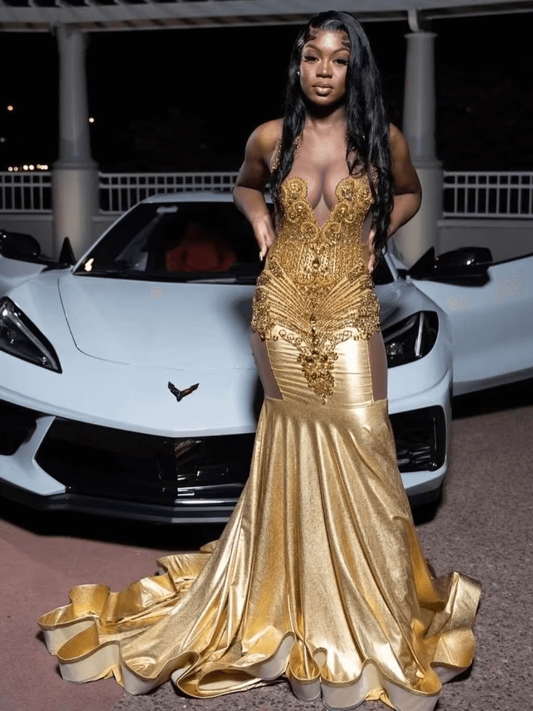 Vestidos de fiesta largos de sirena ajustados y dorados con cristales y pedrería