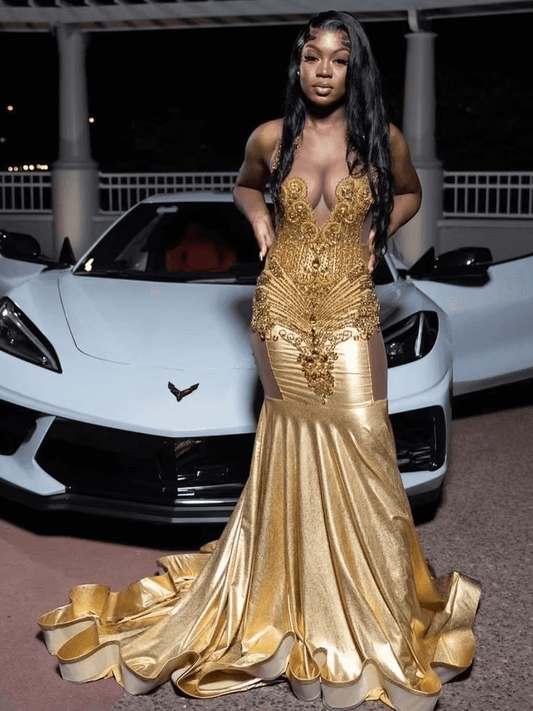 Vestidos de fiesta largos de sirena ajustados y dorados con cristales y pedrería