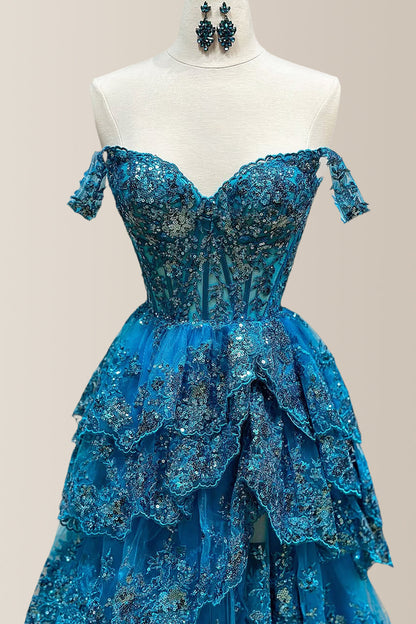Gorgeous A-Line Off The Shoulder Long Tiered Prom Dress with Sequined Appliques