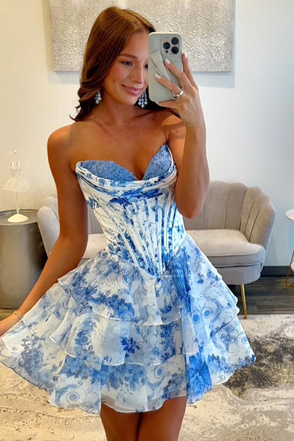 A-Line Sweetheart Floral Print Layered Short Homecoming Dress