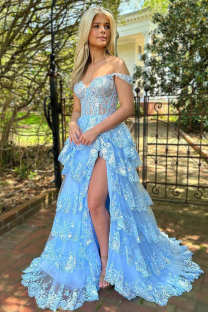 Gorgeous Off The Shoulder A Line Sequin Prom Dress with Glitter Finish Tiered Layers and Slit