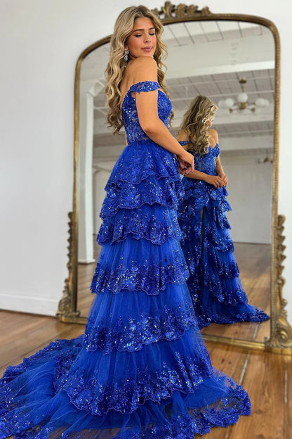 Gorgeous Off The Shoulder A Line Sequin Prom Dress with Glitter Finish Tiered Layers and Slit