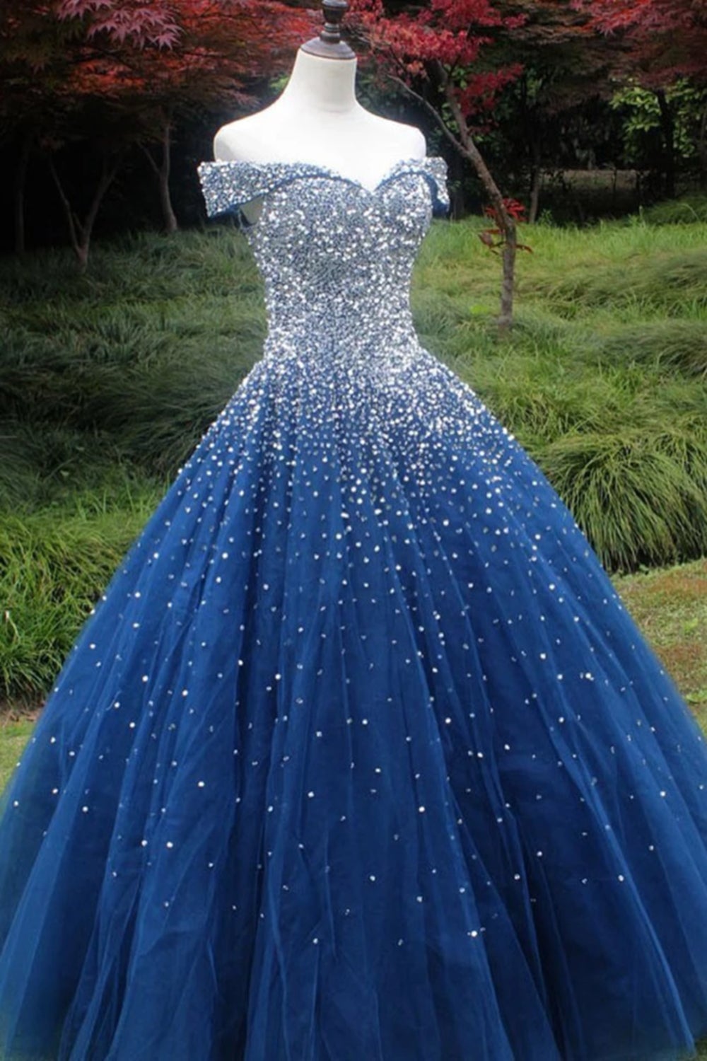 Hermoso vestido de fiesta largo azul con lentejuelas y hombros descubiertos, vestido de noche formal brillante, vestidos de quinceañera