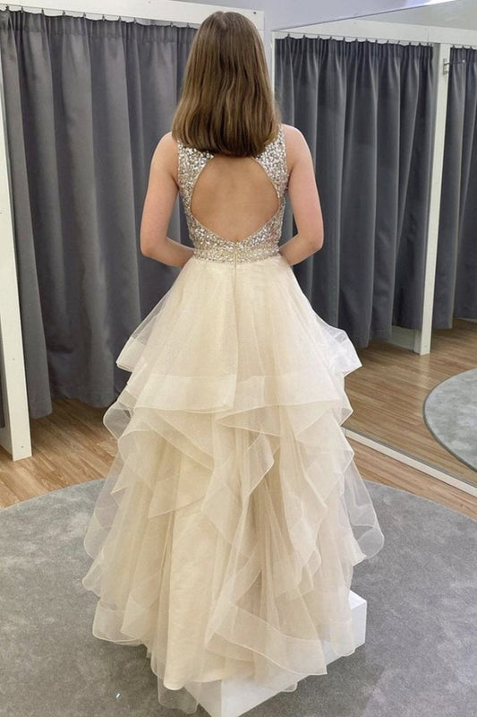 Hermoso vestido de fiesta largo, esponjoso, con espalda abierta y cuentas, vestido de graduación