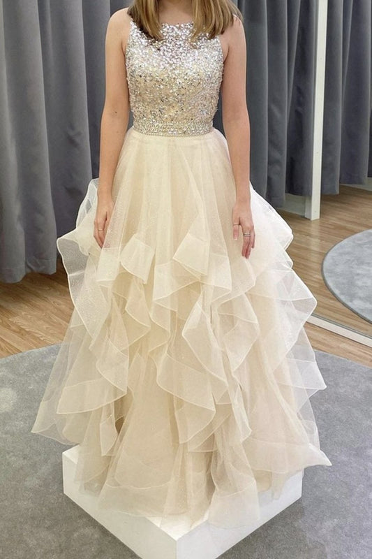 Hermoso vestido de fiesta largo, esponjoso, con espalda abierta y cuentas, vestido de graduación