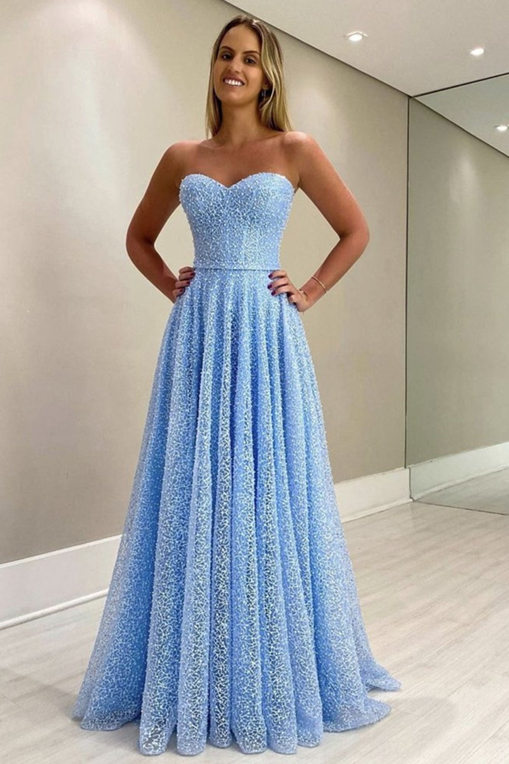 Hermoso vestido de fiesta largo azul con escote corazón, vestidos formales sin tirantes, vestido de noche para mujer