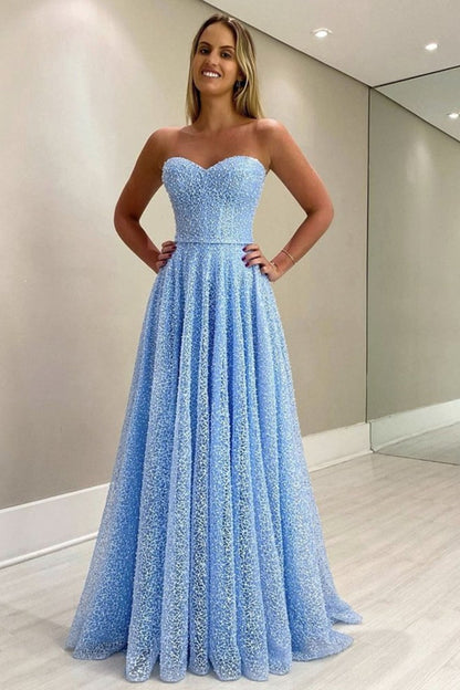 Hermoso vestido de fiesta largo azul con escote corazón, vestidos formales sin tirantes, vestido de noche para mujer