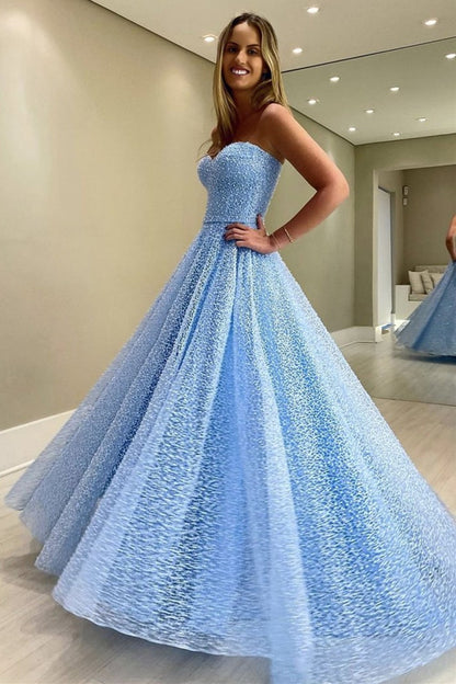Hermoso vestido de fiesta largo azul con escote corazón, vestidos formales sin tirantes, vestido de noche para mujer