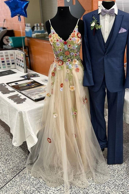 Gorgeous V Neck Lace 3D Floral Long Prom Dress, Tulle Formal Evening Dress with Embroidery GP506