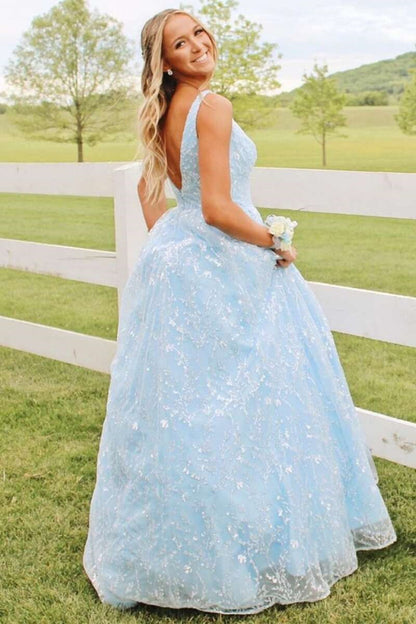 Gorgeous V Neck Light Blue Lace Prom Dress with Pocket, Long Formal Gown GP377