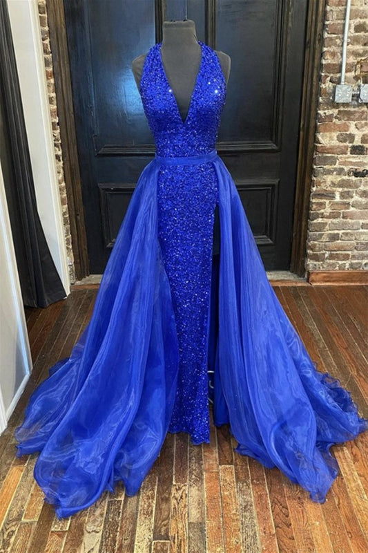 Hermoso vestido de fiesta largo con escote en V y lentejuelas azules de sirena, vestido formal azul de sirena, vestido de noche azul