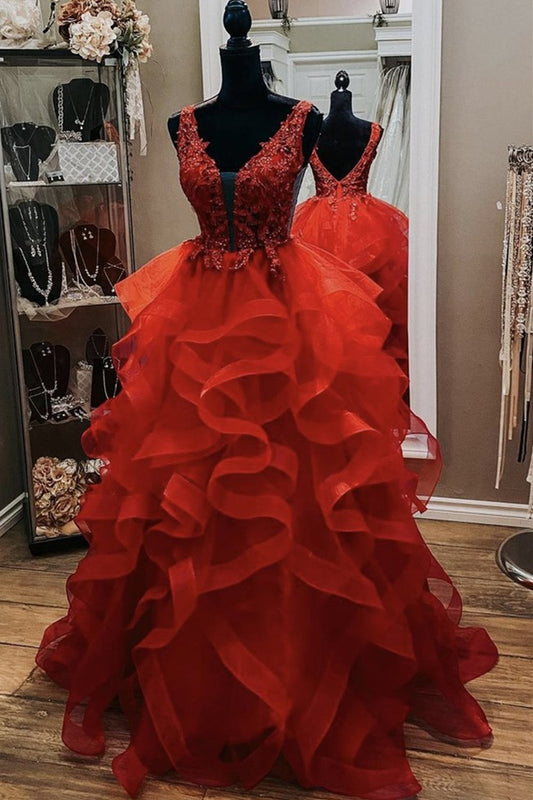 Hermoso vestido de fiesta largo de encaje rojo con escote en V y espalda abierta, vestido de noche formal, vestido de fiesta rojo tipo gala.