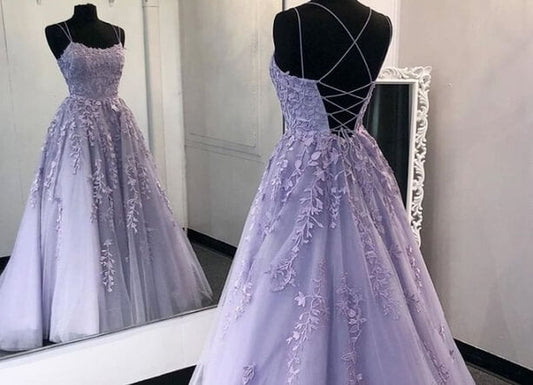 Vestidos de fiesta con apliques de encaje lila, vestido de noche formal con espalda abierta y cola 