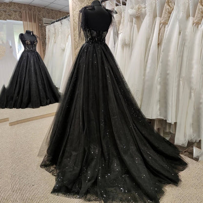 Vestido de fiesta gótico de tul negro, vestidos de noche de graduación, vestido de fiesta de corte A con purpurina, vestido maxi con corsé